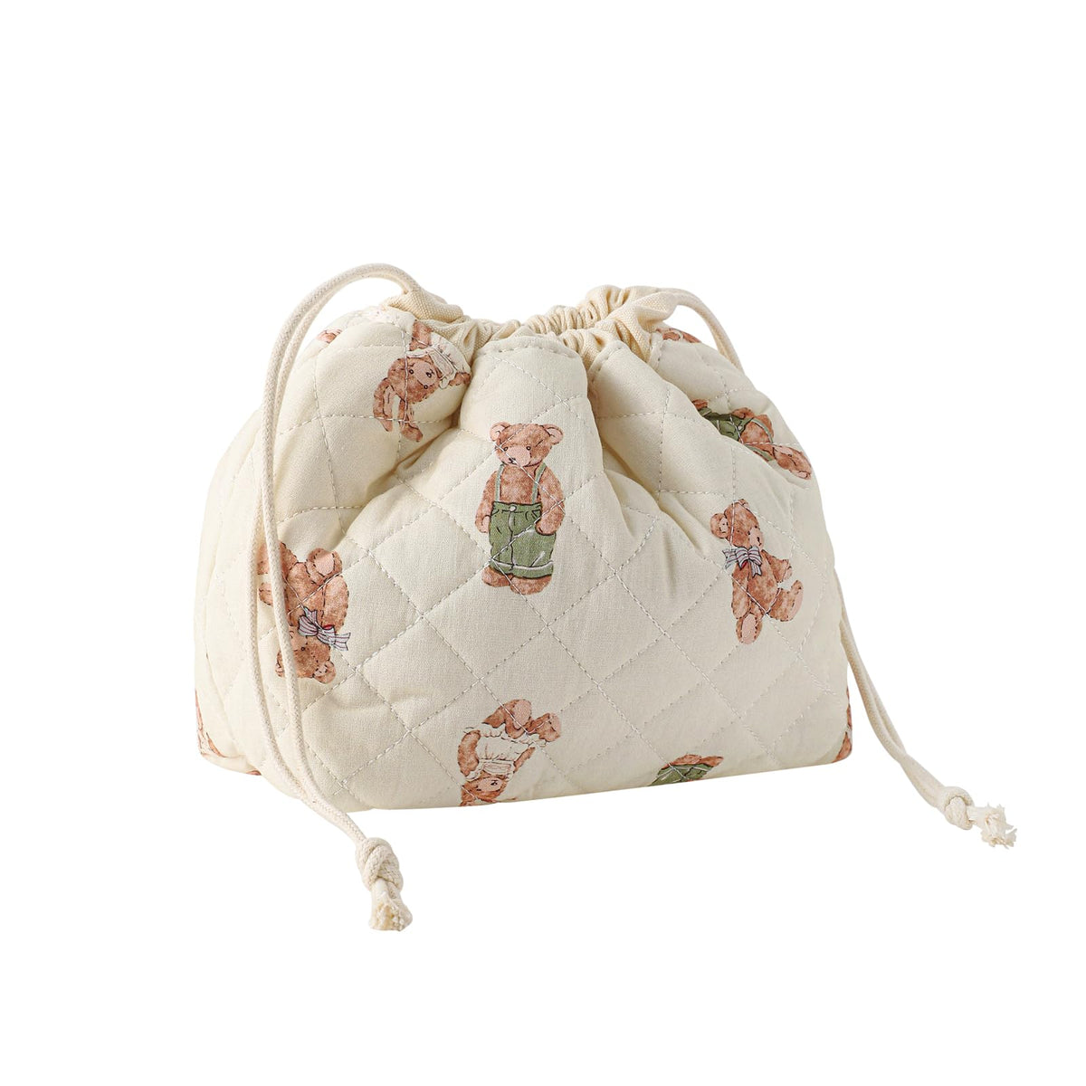 Cotton Quilted Drawstring Makeup Bag with Canvas Lining,Coquette Aesthetic Cute Travel Toiletry Bag,Drawstring Gift Bag for Women and Girls（04White Bear）