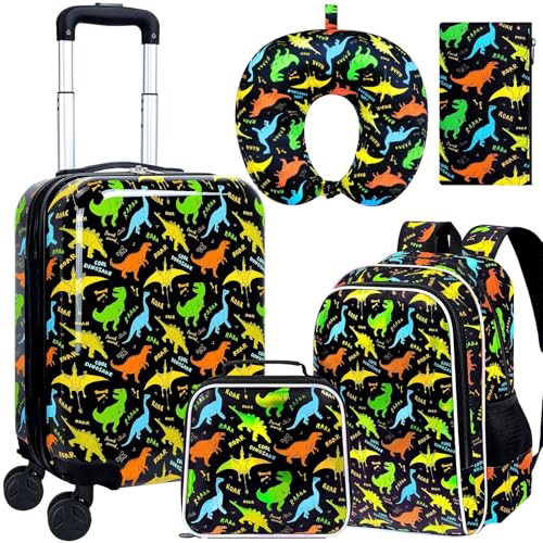 5Pcs Kids Suitcase Set for Boys, 16.5" Hardside Luggage with Spinner Wheels, Dinosaur Travel Carry on Luggage Airline Approved (Black)