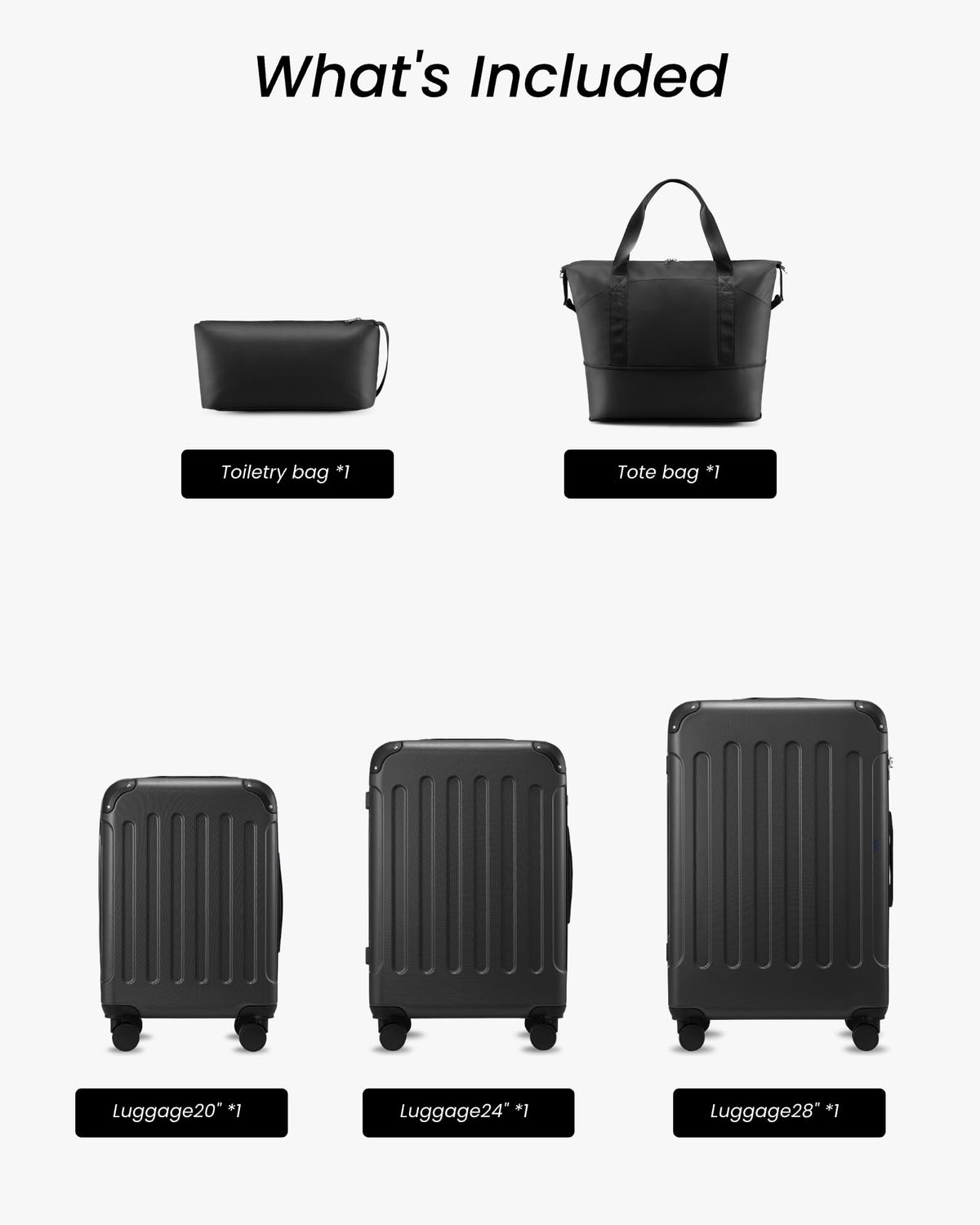 YOETEY Luggage Sets 5 Piece, Hardside Suitcase with Wheels, TSA Approved, Black