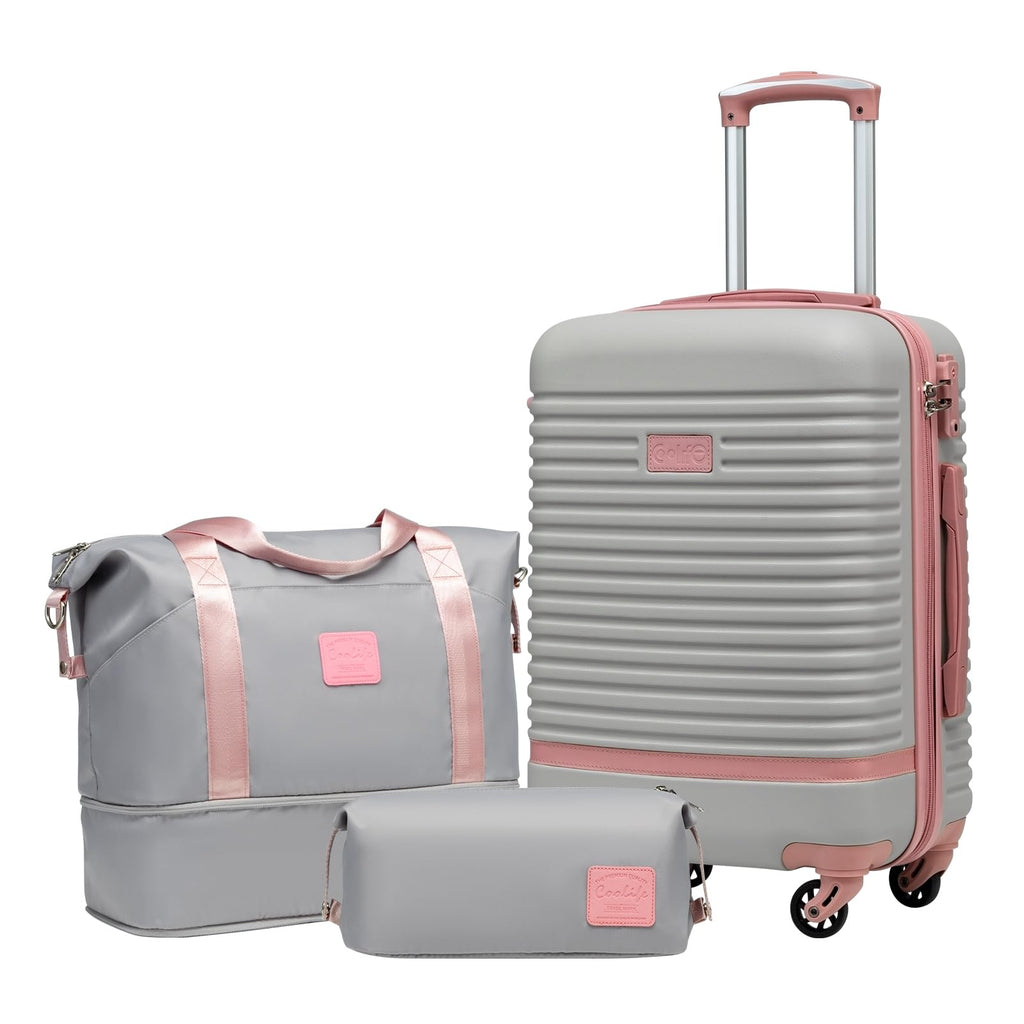 Coolife Suitcase Set 3 Piece Luggage Set Carry On Travel Luggage TSA Lock Spinner Wheels Hardshell Lightweight Luggage Set(Gray+Pink, 3 piece set (DB/TB/20))