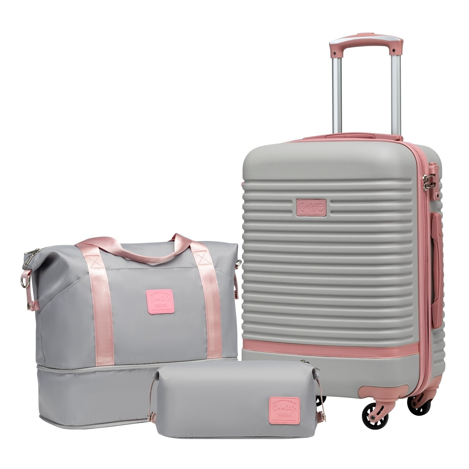 Coolife Suitcase Set 3 Piece Luggage Set Carry On Travel Luggage TSA Lock Spinner Wheels Hardshell Lightweight Luggage Set(Gray+Pink, 3 piece set (DB/TB/20))