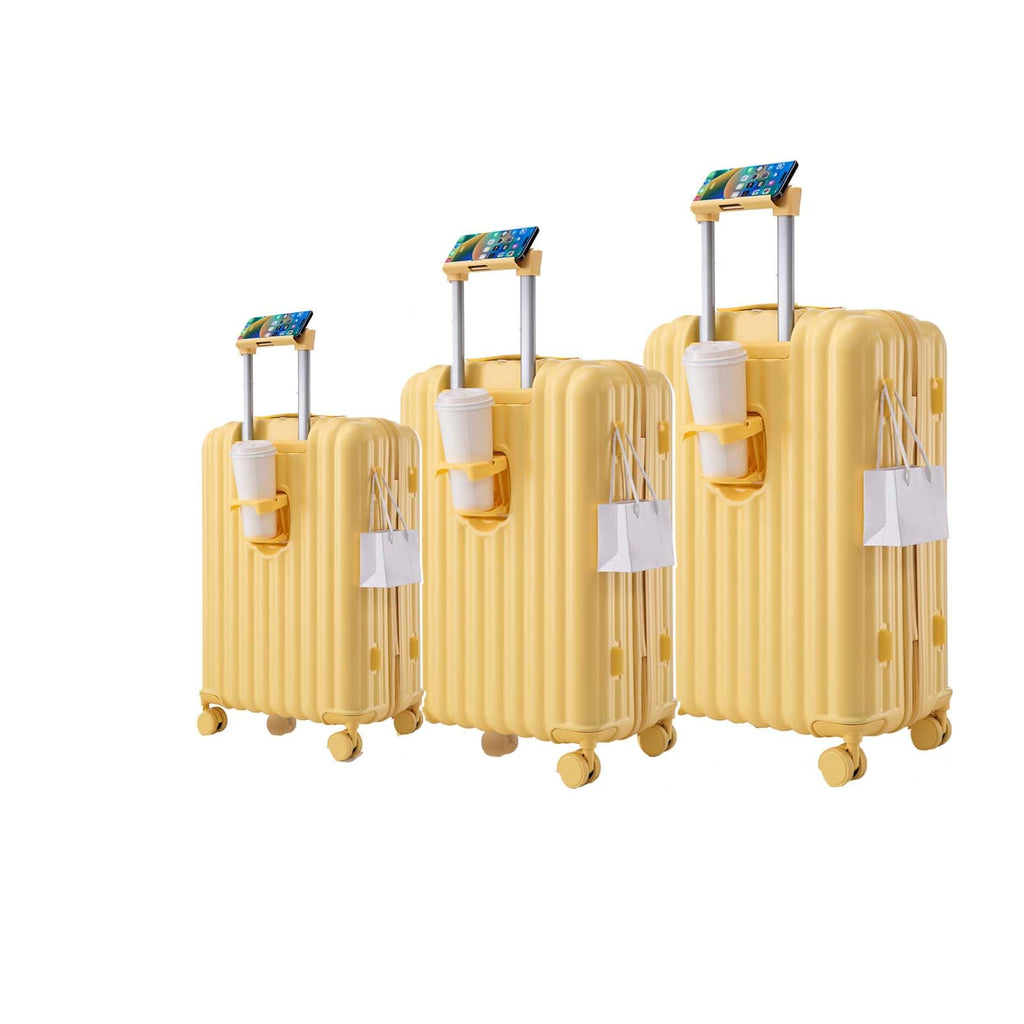 Ningering 3 Piece Luggage Set with USB Port & Cup Holder, ABS Hard Shell Traveling Luggage with Spinner Wheels & Combination Lock, Hardside Carry on Suit Case Sets, 20/24/28 Inch (Yellow)