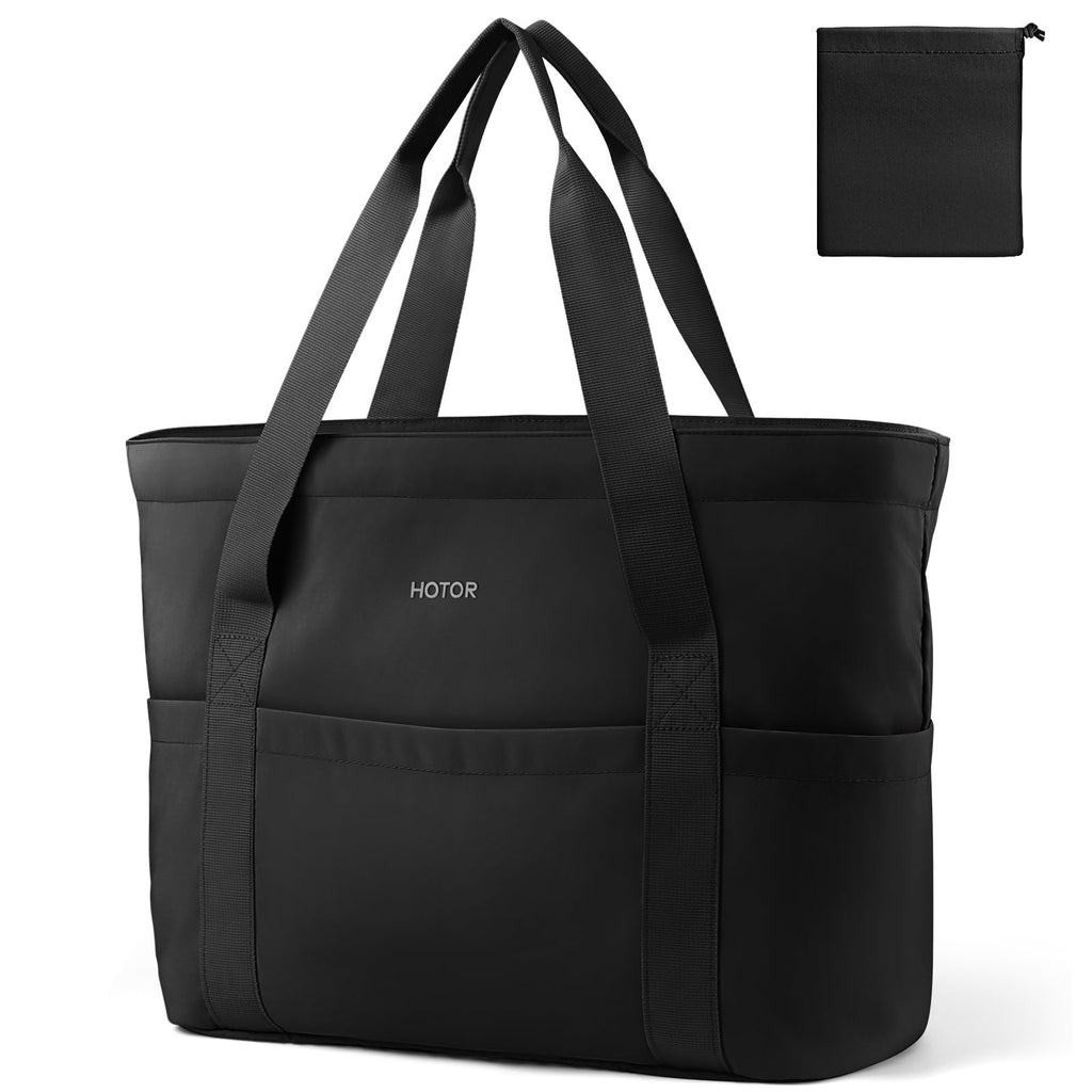 HOTOR Tote Bag for Women - Foldable Lightweight Tote Bags with Zipper, Large Shoulder Bag Top Handle Handbag Carry-On Bag for Travel, Shopping, Work, Black, 19.7" x 6.7" x 13.8"