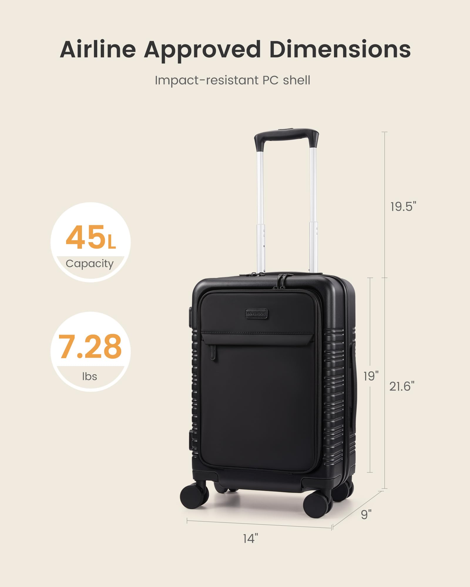 LOVEVOOK Carry On Luggage 22x14x9 Airline Approved with Detachable Pouch, 21 Inch Hardside Suitcases with Spinner Wheels, Lightweight Carry-on Luggage with TSA Lock for Women Men, 2PCS, Black