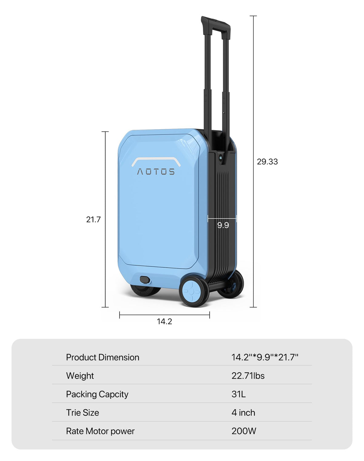 AOTOS Smart Rideable luggage-Roller carry-on luggage 22x14x9-TSA, Airline-Approved 22 inch Hardshell,Zipperless Travel Suitcase with Rolling WheelsApp Control -Cabin Suitcase for Airport Travel(Blue)