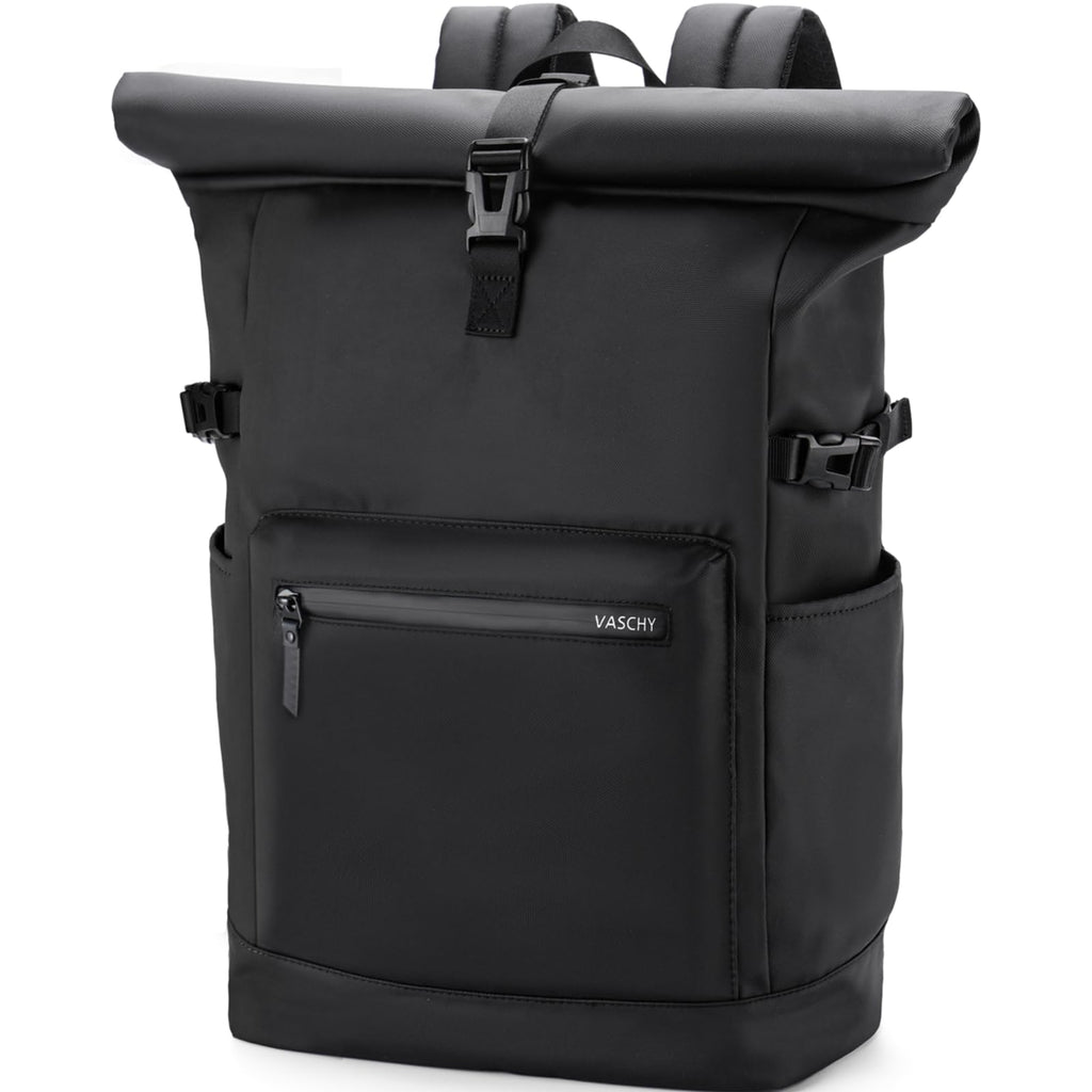 VASCHY Rolltop Travel Backpack for Men, Water Resistant Expandable Large Carry-on Casual Daypack for Work Business Hiking College Black
