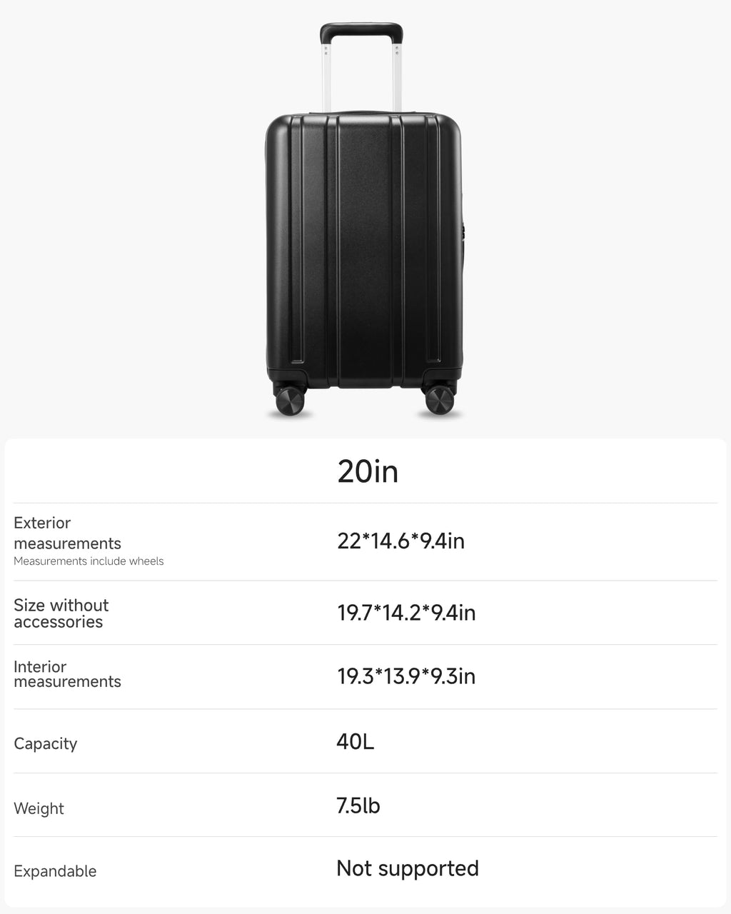 LUGGEX Carry On Luggage 22x14x9 Airline Approved, L2 100% PC Hard Shell Travel Suitcase with Smooth Spinner Wheels, TSA Lock (EX-Core, Black, 20 Inch, 40L)