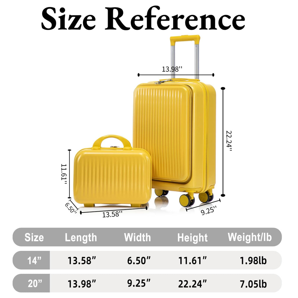 Luccalily 2 Pcs ABS Spinner Luggage Set - 14" Cosmetic Case & 20" Carry-On with Combination Lock, Front Opening Design, Yellow