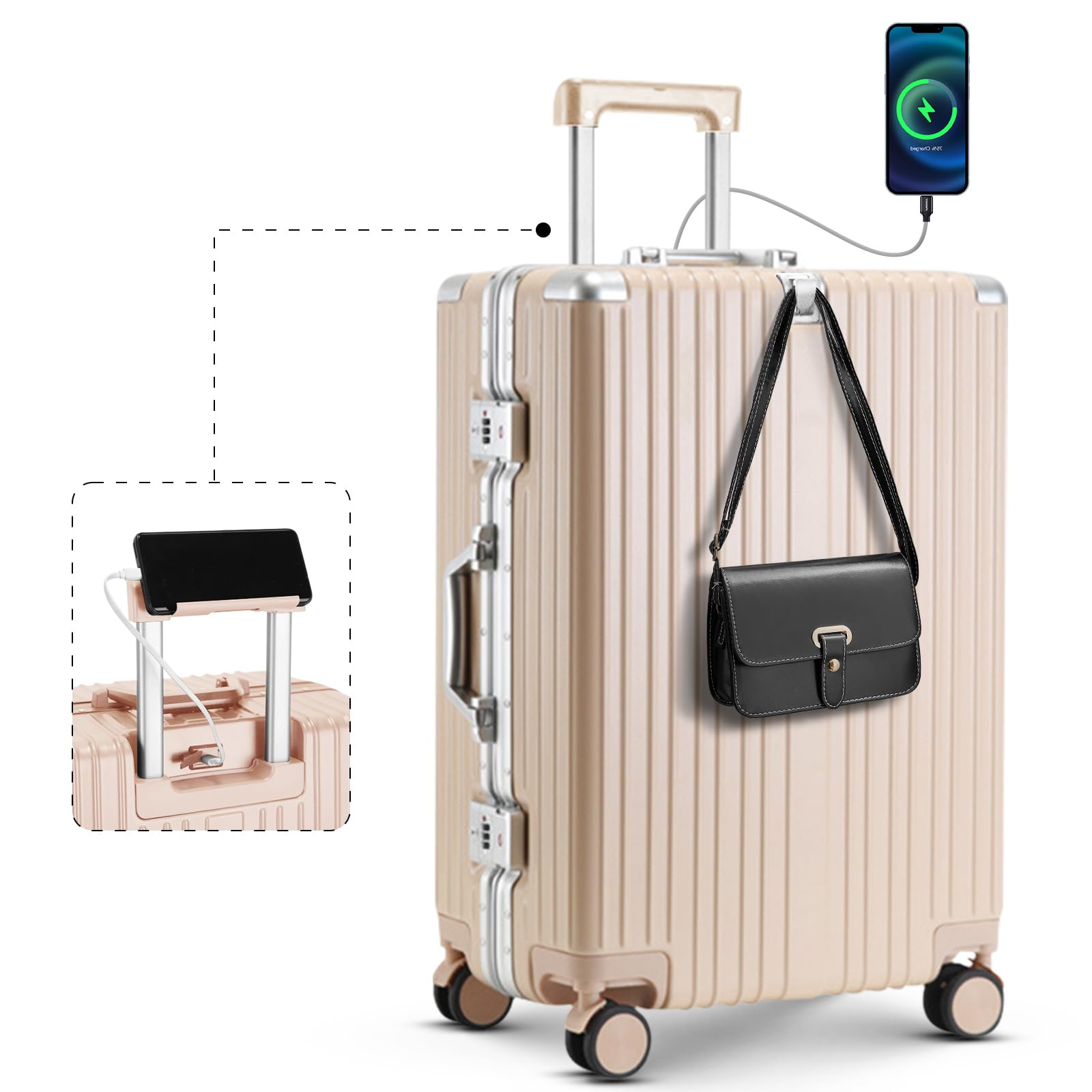 20 Inch Carry On Luggage Suitcase TSA Locks Approved Hardside Lightweight Suitcase With Cup Holder Carry-On Luggage With USB Port Zipperless Design Airline-Approved 360° 8 Double Spinner Wheels