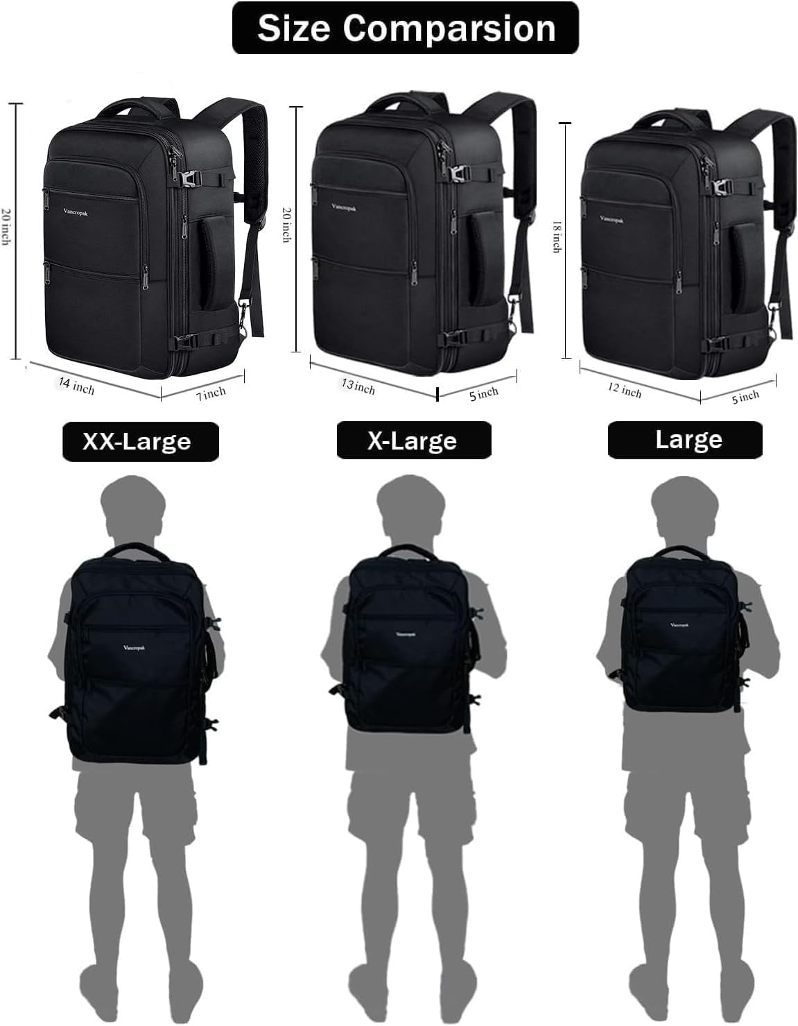 Vancropak Carry On Backpack, 40L Expandable Extra Large Travel Backpack, Flight Approved Water Resistant Luggage Suitcase Daypack, Lightweight College Business Weekender Bag for Men & Women, Black