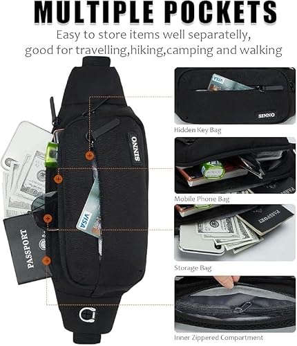 SINNO Black Fanny Packs for Women Men Fashionable Waterproof Belt Bag Gifts for Running Sport Workout Hiking Travel Crossbody Plus Size Waist Pack Phone Bag Wallets Purse Carrying All Phones