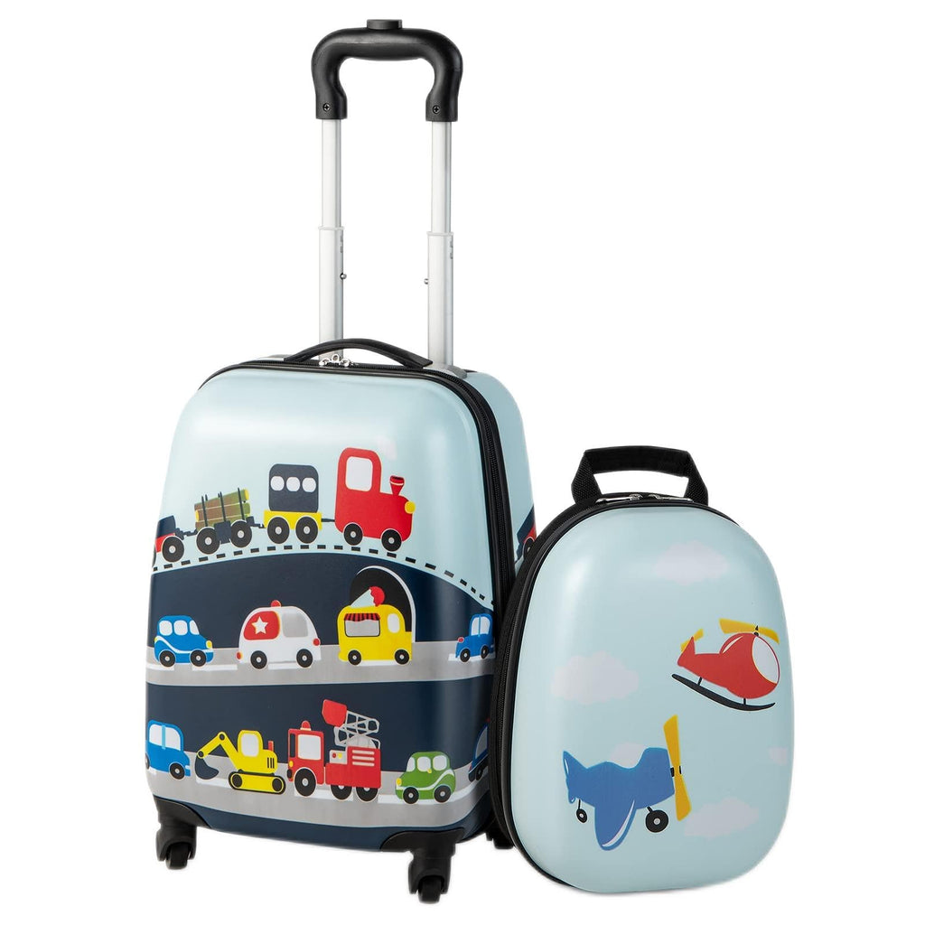 GYMAX Kids Carry On Luggage Set, 12" & 16" 2PCS Rolling Suitcase (Little Airplane)