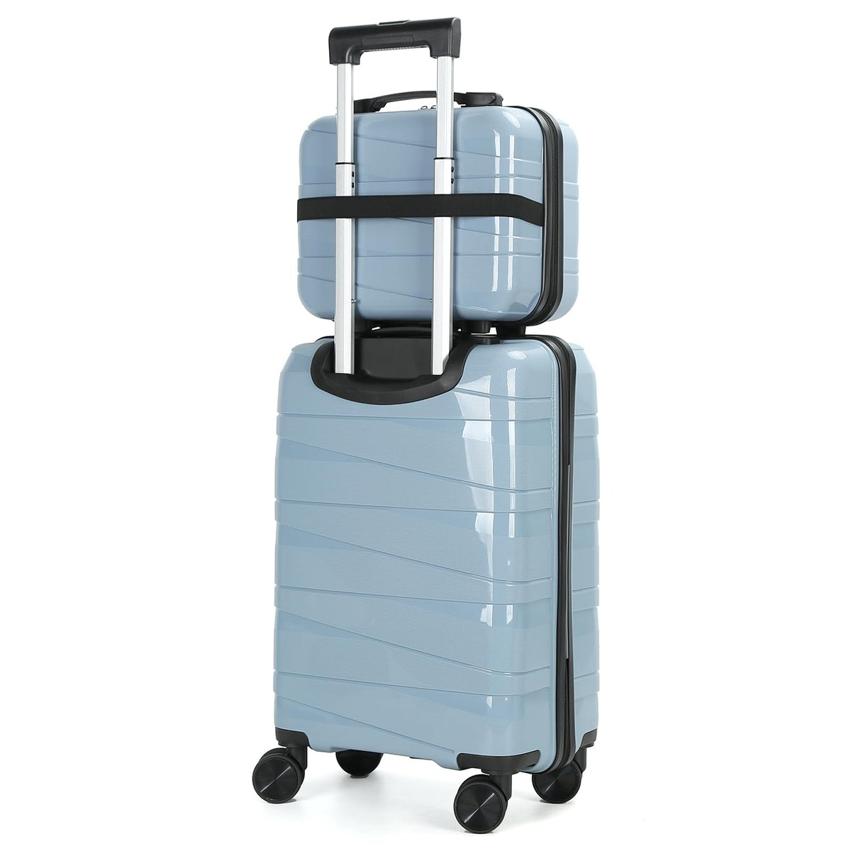 AGVOTK 21" Hardside Carry On Luggage 22x14x9 Airline Approved with Spinner Wheels, Lightweight Suitcase Set with Phone Holder and USB Port, 2 Piece (Sky Blue, 21" Carry On & 14" Cosmetic Case)