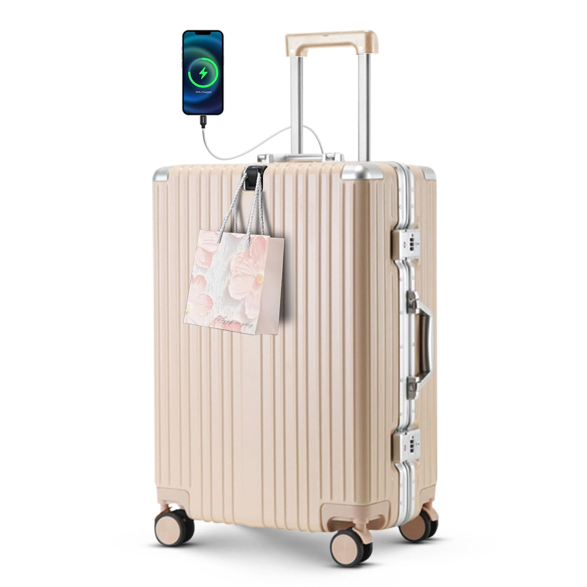 20 Inch Carry On Luggage Suitcase TSA Locks Approved Hardside Lightweight Suitcase With Cup Holder Carry-On Luggage With USB Port Zipperless Design Airline-Approved 360° 8 Double Spinner Wheels