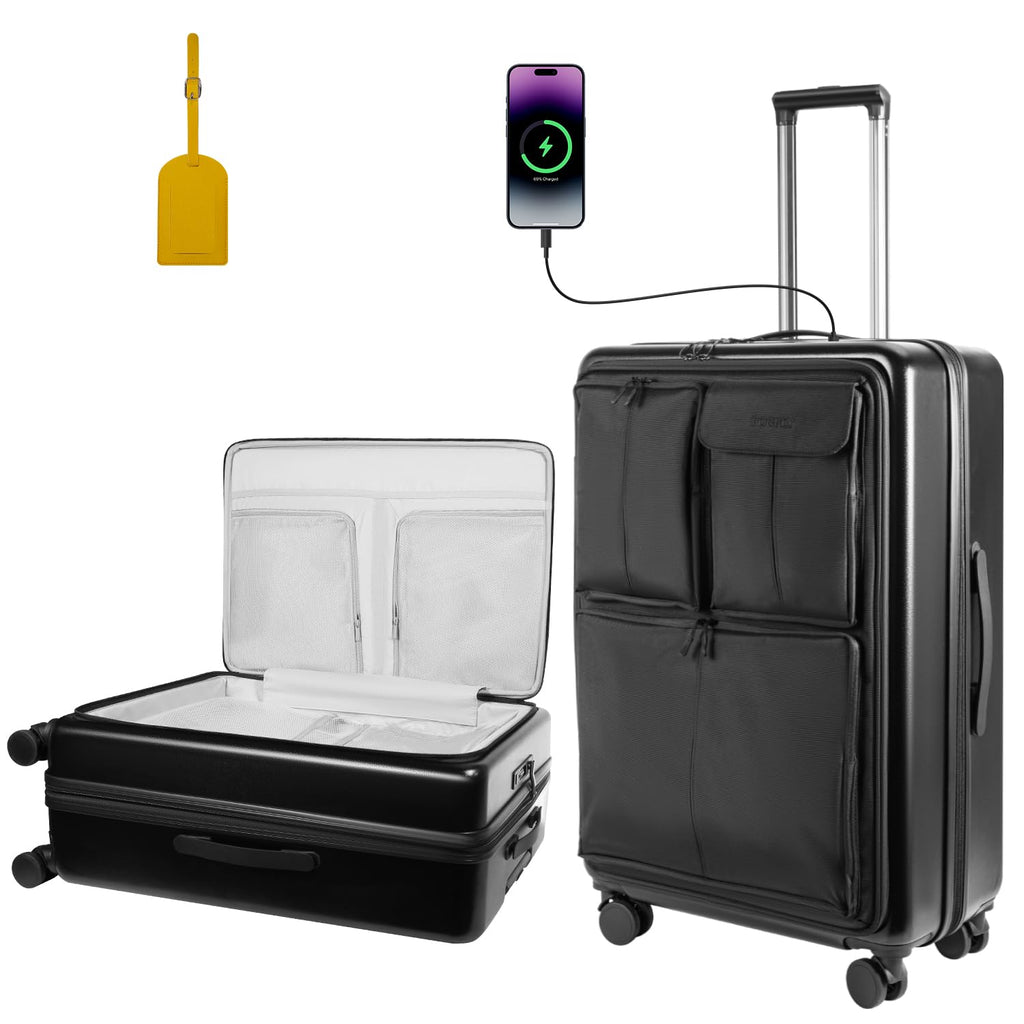 28 Inch Large Checked Luggage with Front Pocket, Expandable Hardshell Suitcase with Spinner Wheels, Hybrid Extra Large Travel Bag for Extended Stays, TSA Lock & USB Charging Ports, 28" Checked Bag