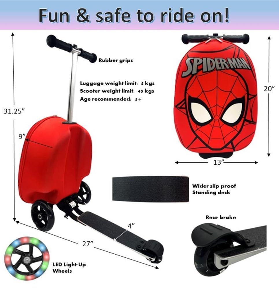 Fast Forward Spider-Man 18" Ride-On Suitcase Scooter - Lightweight Carry-On Scooter Luggage