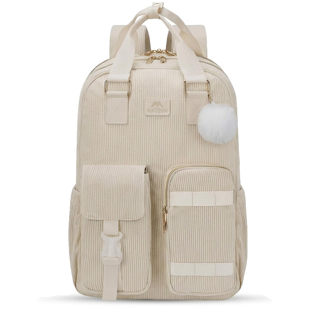 MATEIN Backpack for Teen Girls, 15.6 Inch Cute Corduroy Laptop Backpack Aesthetic College School Bookbag with Luggage Strap, TSA Lightweight Soft Kawaii Travel Backpacks for Women Nurse, Beige