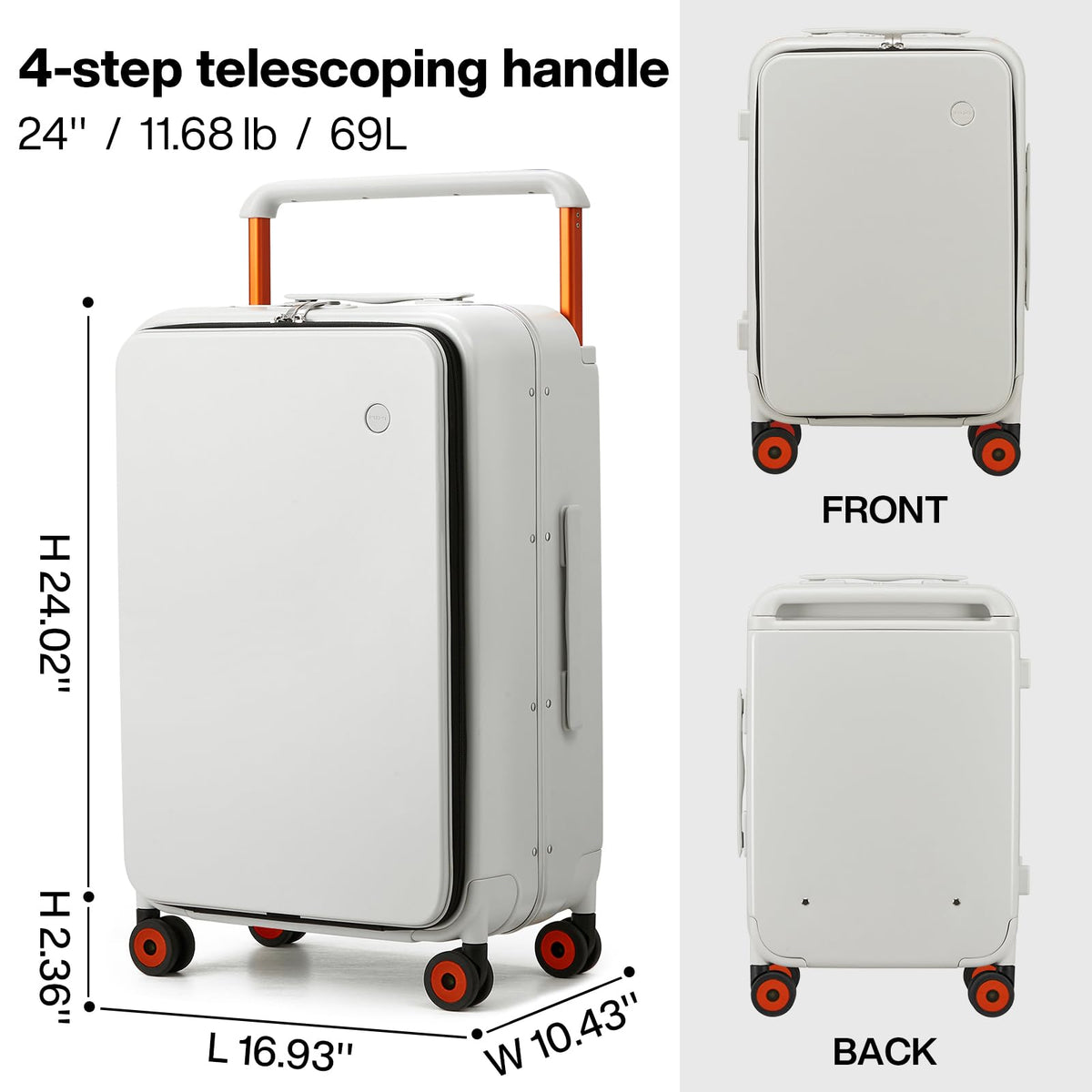 mixi Checked Luggage Wide Handle Luxury Design Rolling Travel Suitcase PC Hardside with Aluminum Frame Hollow Spinner Wheels, with Cover, 24 inch, Smoke White