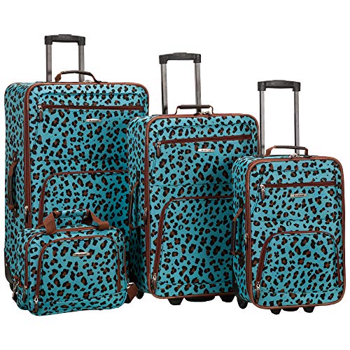 Rockland Fashion Softside 4 Piece Luggage Set, Expandable, (14" Tote/19"/24"/28"), Blue Leopard