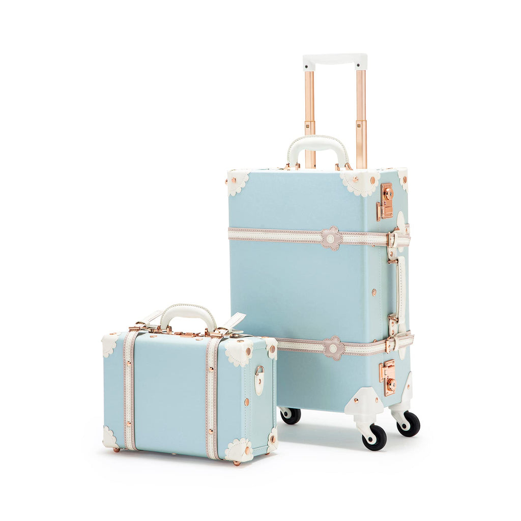 COTRUNKAGE Vintage Designer Luggage Set, Women's Cute Blue Carry On Luggage 22x13x7.5 Airline Approved, 13" Mini Makeup Organizer Case with Lock, Sky Blue