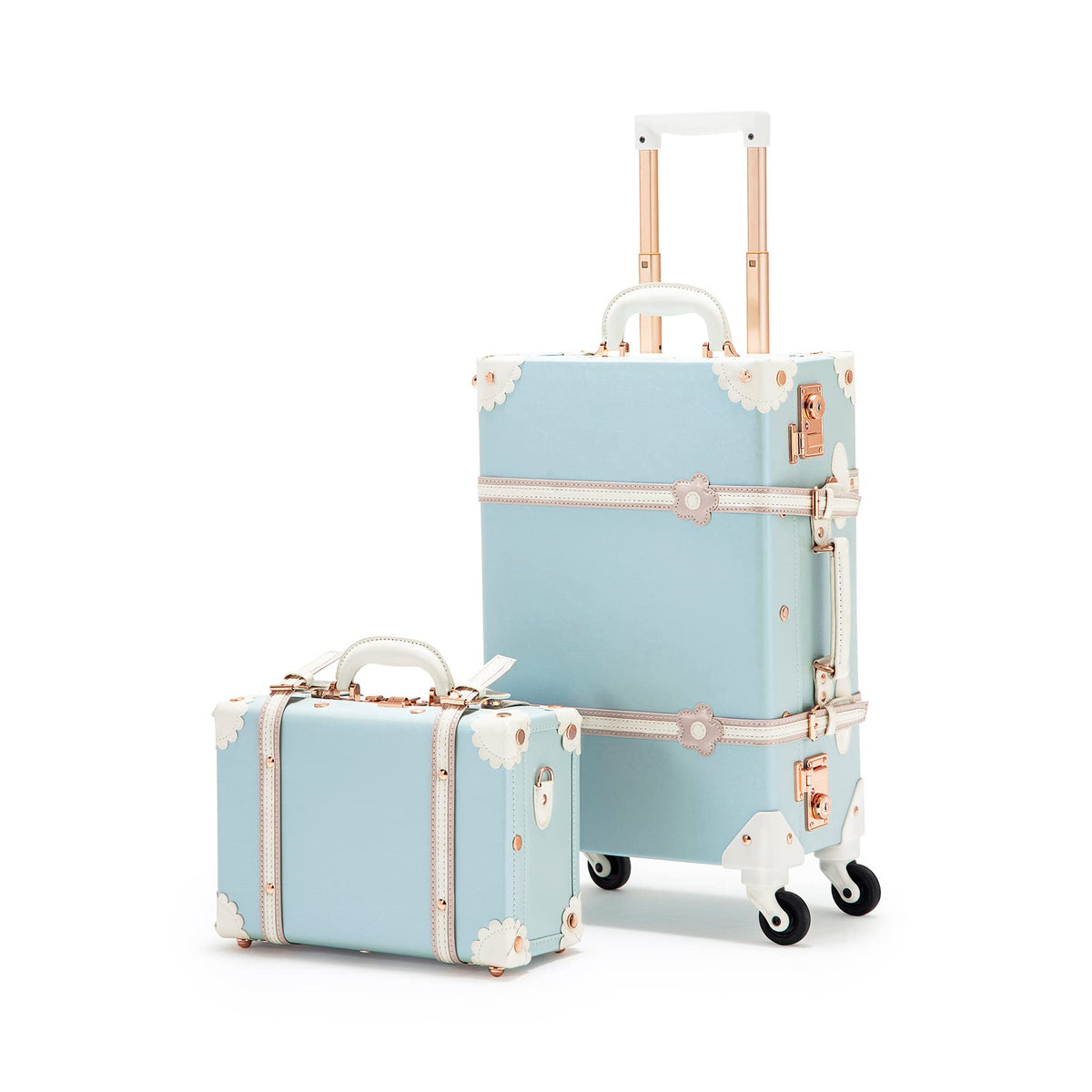 COTRUNKAGE Vintage Designer Luggage Set, Women's Cute Blue Carry On Luggage 22x13x7.5 Airline Approved, 13" Mini Makeup Organizer Case with Lock, Sky Blue