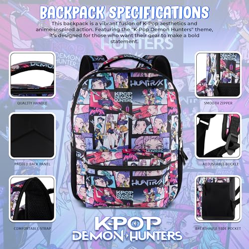 AI ACCESSORY INNOVATIONS K-Pop Demon Hunters Huntrix 16” Backpack for Girls, Featuring an AOP of Rumi, Zoey, Mira, Allover Print