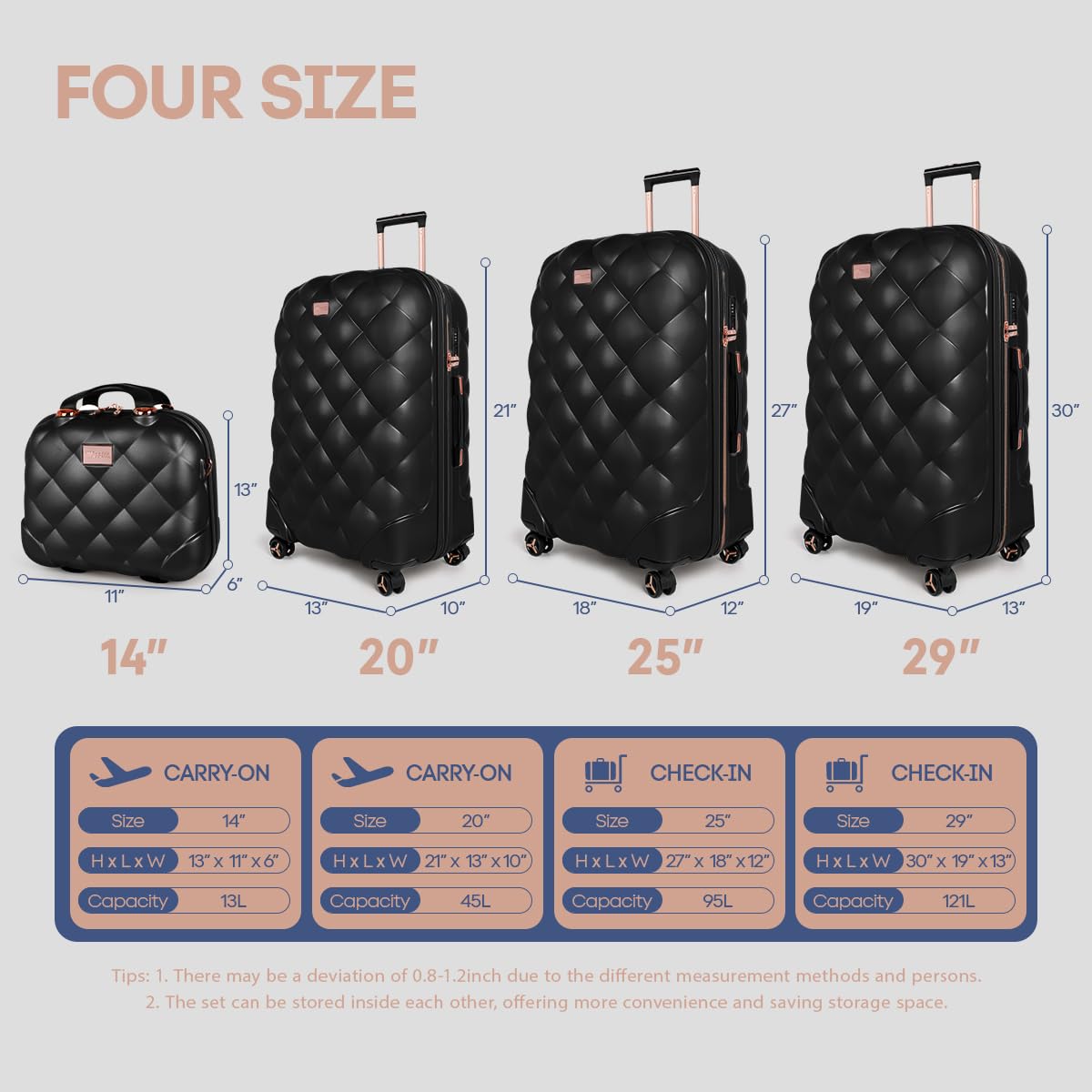 New York XPress 4 Piece Luggage Set, Lightweight Carry On Luggage, Polycarbonate Expandable Hard Case Luggage with Wheels, Travel Pro Carry-On Luggage, TSA Lock, Black