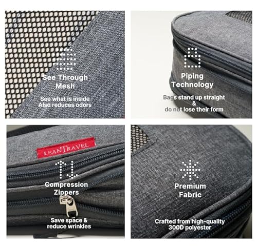 LeanTravel Premium Compression Packing Cubes for Travel - Suitcase Organizer Bags with Double Zipper & Breathable Mesh Panel - Space Saving Carry On Luggage Essentials (6-Pack, Grey)
