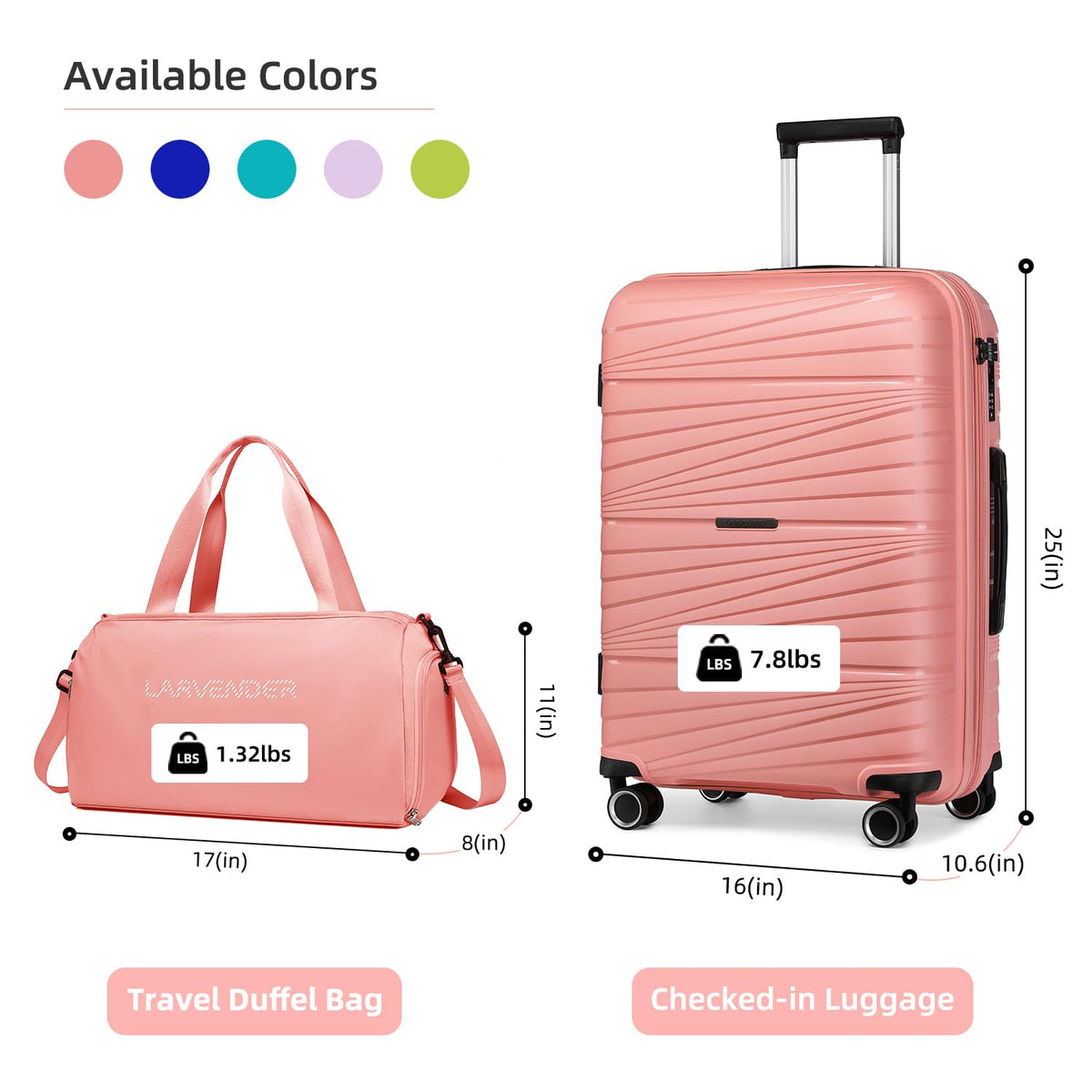 LARVENDER Luggage Sets 2 Piece, Expandable PP 24 Inch Check-in Suitcase with Duffle Bags for Women, Luggage Set Clearance with Spinner Wheels TSA Lock (Peach)