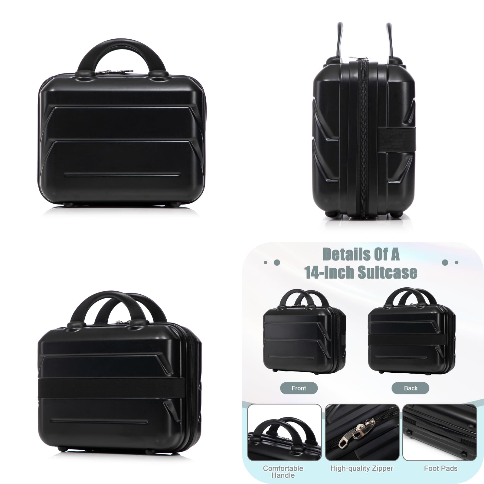 Luccalily 2-Piece ABS Hard Shell Lightweight Carry-On Luggage Set (14" & 20"), 360-Degree Spinner Wheels, Adjustable Telescopic Handle and Combination Lock for Travel, Black