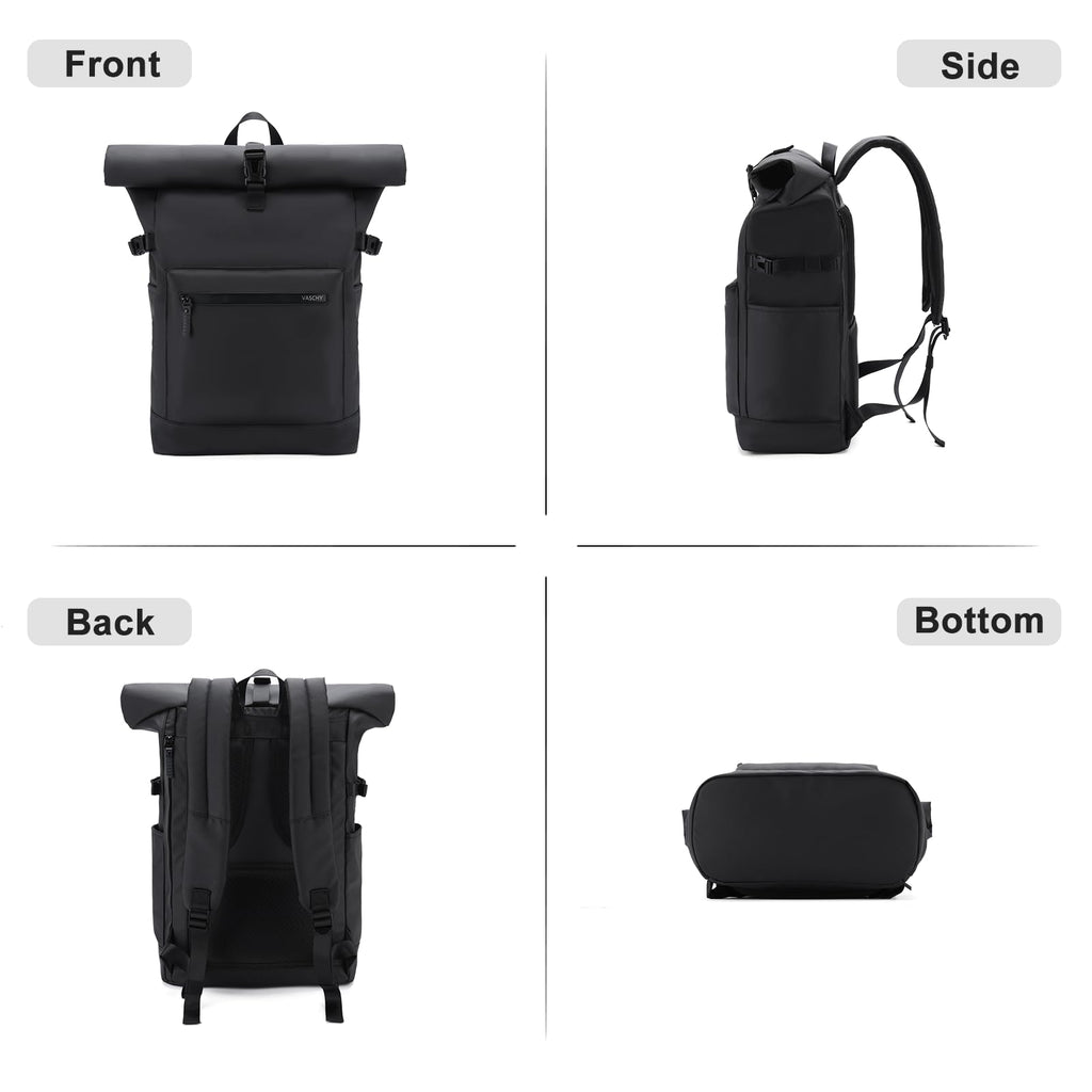 VASCHY Rolltop Travel Backpack for Men, Water Resistant Expandable Large Carry-on Casual Daypack for Work Business Hiking College Black
