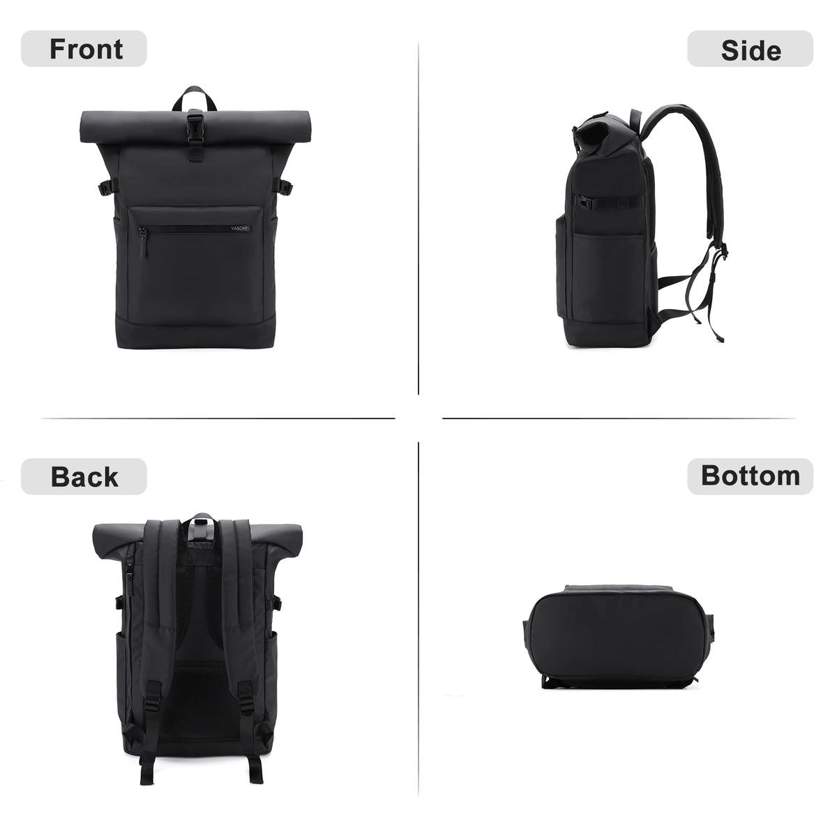 VASCHY Rolltop Travel Backpack for Men, Water Resistant Expandable Large Carry-on Casual Daypack for Work Business Hiking College Black