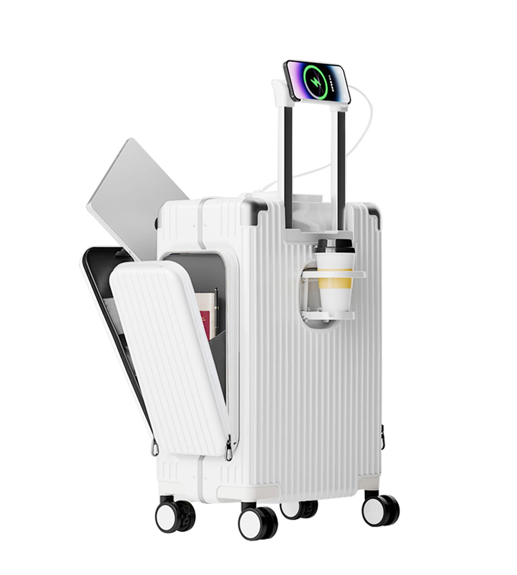 feilario 20in Aluminum Frame PC Carry On Luggage Tri-Zone Access Hard Shell Brake Wheels Suitcase with Cup Holder, Phone Holder, TSA Approved Lock (White, 20.8")