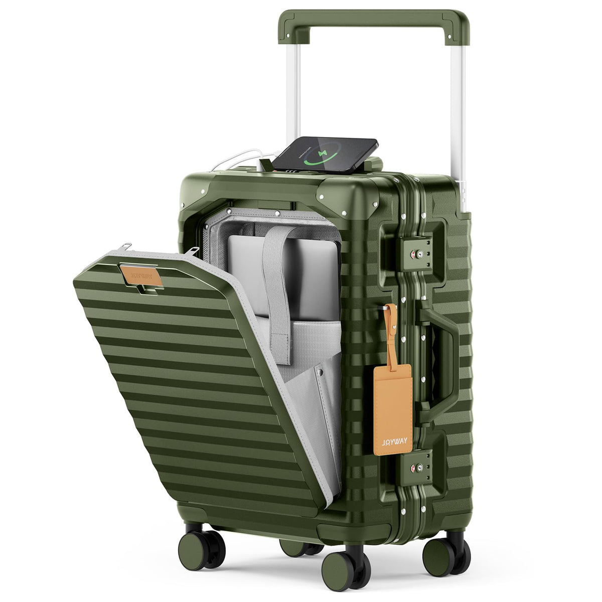 Joyway 20 Inch Carry on Luggage with Aluminium Frame and Front Pocket, PC Hardshell Suitcase with USB Port and Cup Holder, 21.5x14.2x9 Airline Approved Luggage with Spinner Wheel, TSA Lock(Dark Green)