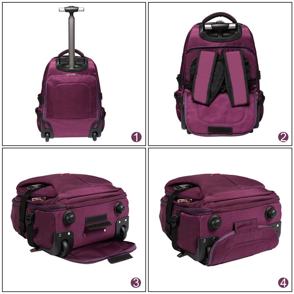SKYMOVE 19 inches Waterproof Wheeled Rolling Backpack for Adults and School Students Laptop Books Travel Backpack Bag, Purple
