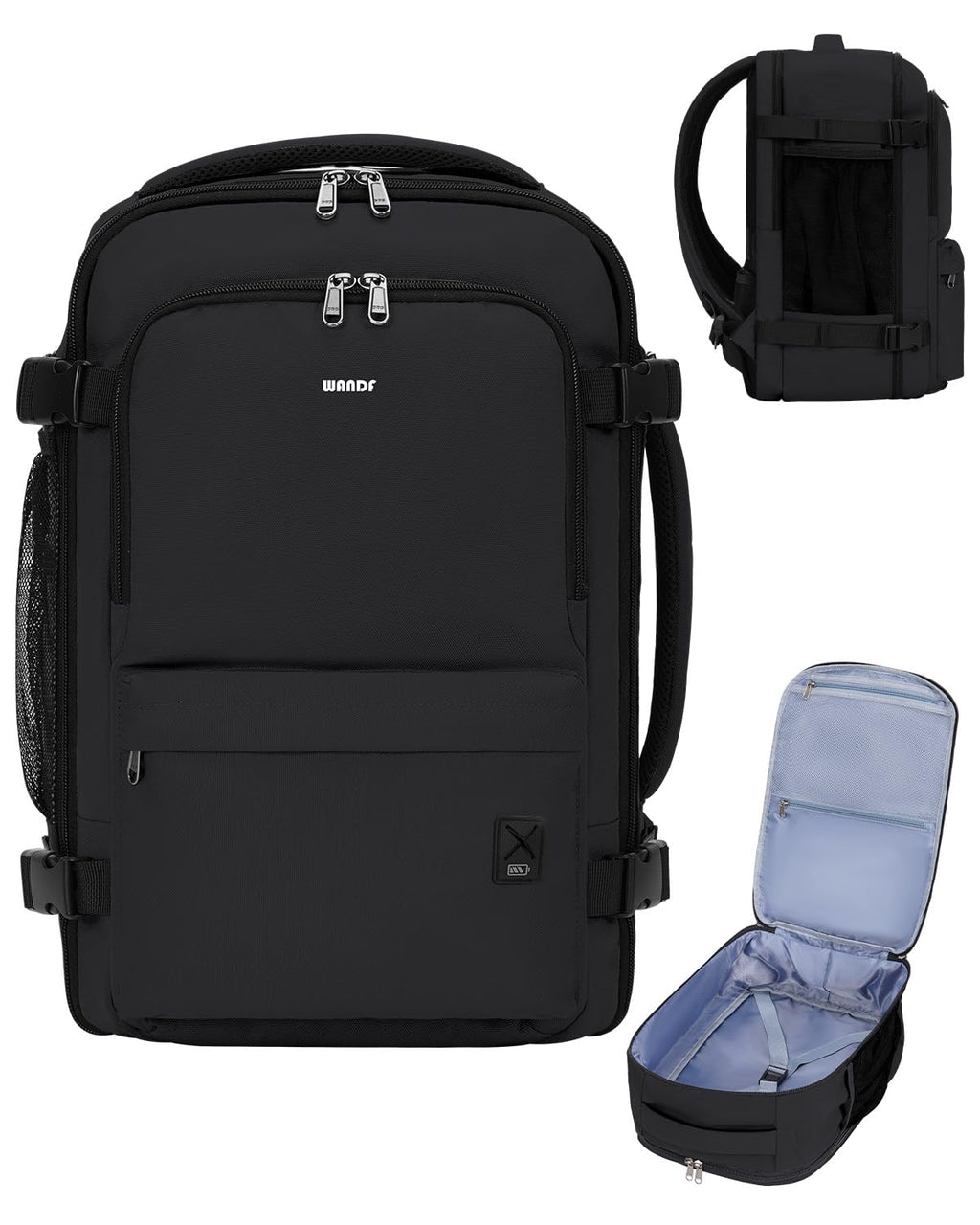 WANDF Personal Item Travel Bag, Small Travel Backpack 17x10x9 for United Airlines, 15.6" Laptop Backpack for Men Women (Black)