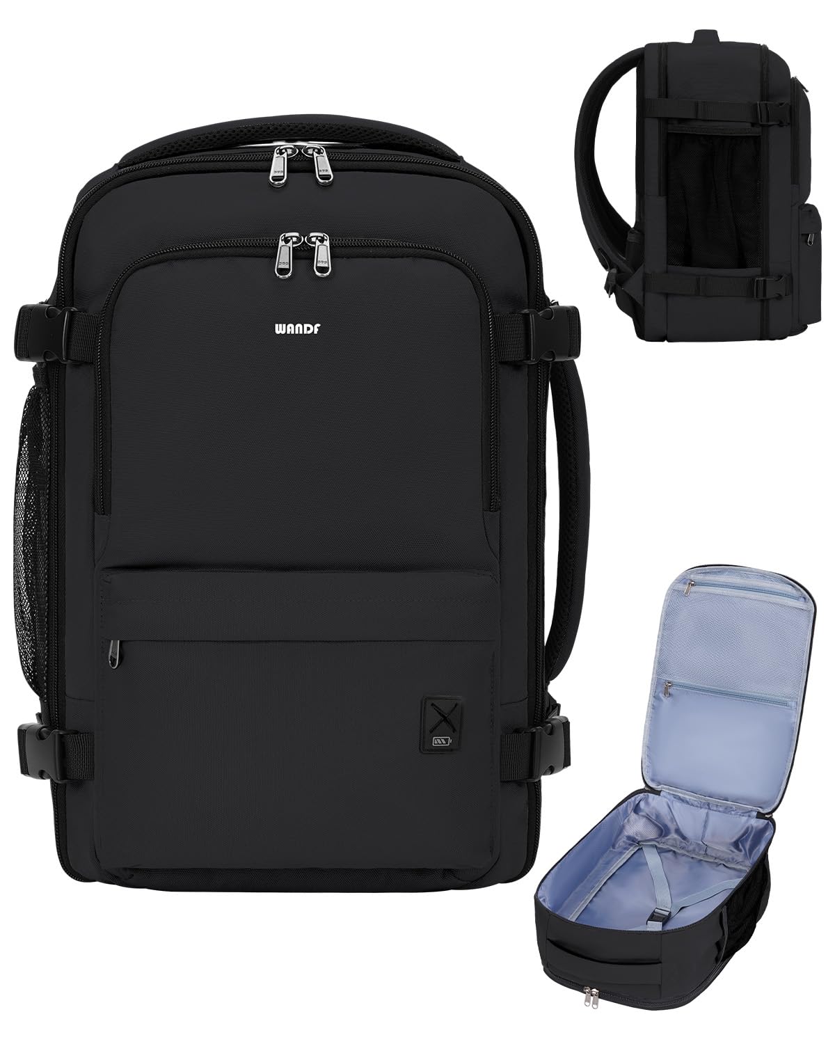 WANDF Personal Item Travel Bag, Small Travel Backpack 17x10x9 for United Airlines, 15.6" Laptop Backpack for Men Women (Black)