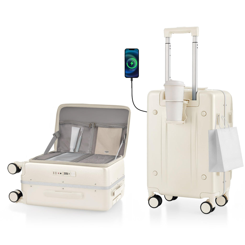 ISLAND ELEPHANT 21IN Carry On Luggage Airline Approved - Top Opening Aluminum Frame Hardside 100% PC Suitcase -with TSA Lock,Cup Holder,USB Charge,Side Pothook, 360°Spinner Wheels-White