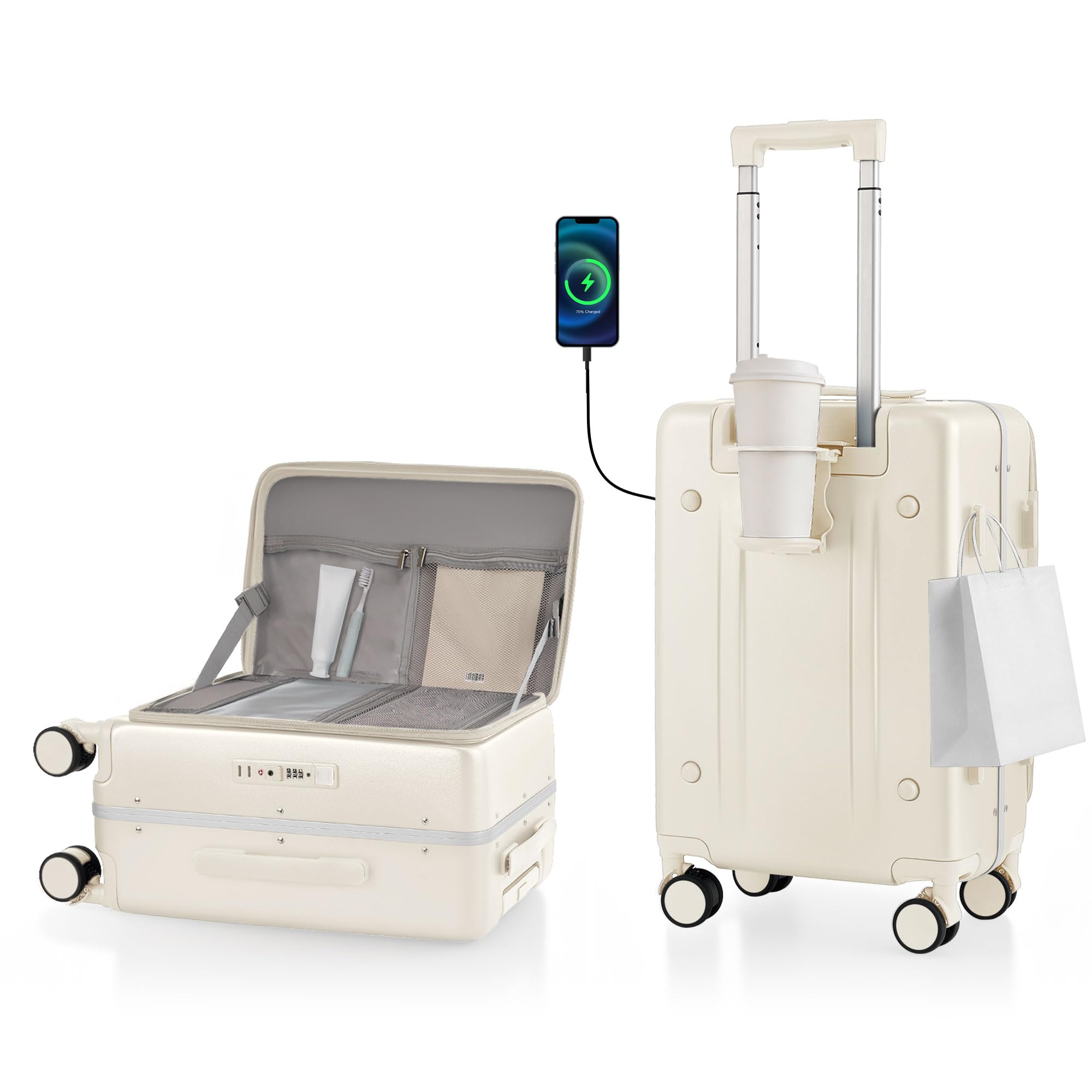 ISLAND ELEPHANT 21IN Carry On Luggage Airline Approved - Top Opening Aluminum Frame Hardside 100% PC Suitcase -with TSA Lock,Cup Holder,USB Charge,Side Pothook, 360°Spinner Wheels-White