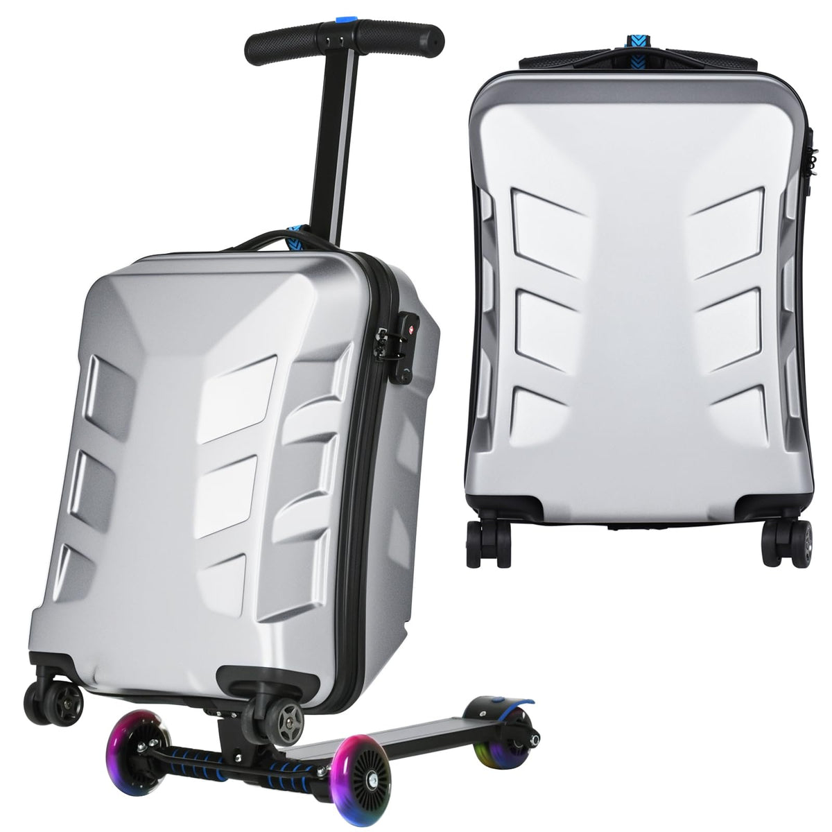 Scooter Suitcase for Kids & Adults，3-D Hardshell Ride On Scooter Luggage with Led Light Up Wheels，TSA Lock，Lightweight Foldable Carry On Rideable Suitcase for Children Teenagers (Silver, 21-inch)