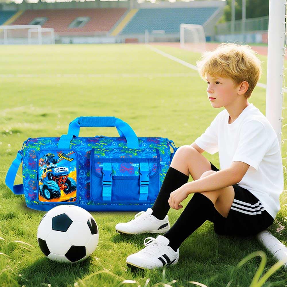 Kids Duffle Bag for Boys, Water Resistant Travel Bag with Separate Shoe Compartment for Sports, Gym, Overnight Weekender - Truck