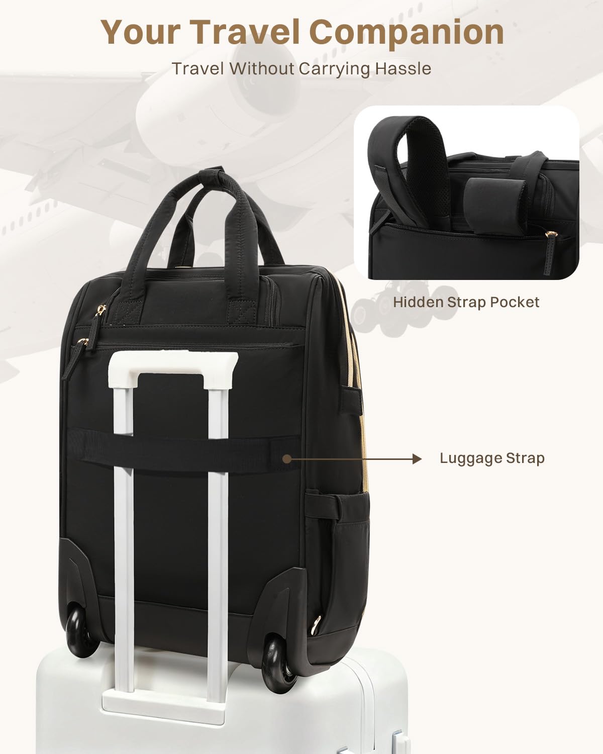 Rolling Puffer Backpack for Women, Wheeled Laptop Backpack, Short-Term Travel Backpack with Wheels, Roller Adults Work Computer Bag, Water Resistant Overnight College Underseat Carry on Luggage, Black