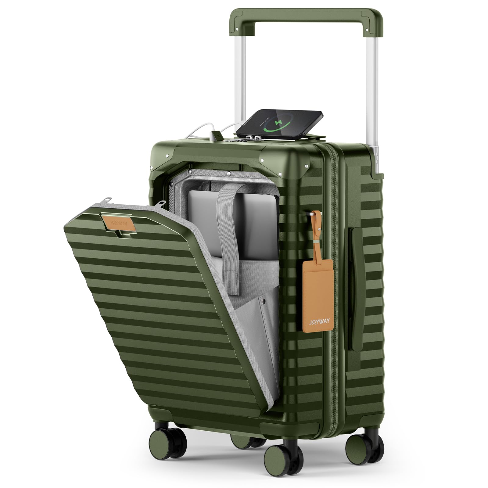 Joyway 20 Inch Carry on Luggage with Front Pocket, PC Hardshell Carry-on Suitcase with USB Port and Cup Holder, 21.5x14.2x9 Airline Approved, Luggage with Spinner Wheels and TSA Lock(Dark Green)