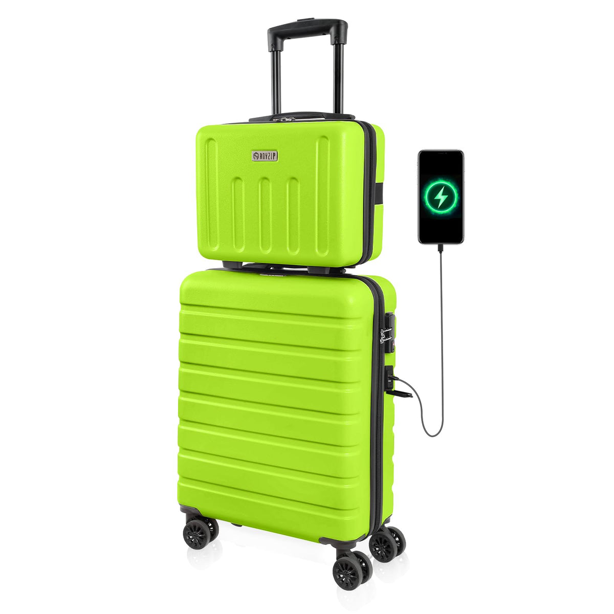 AnyZip Suitcase, 20" Carry On Luggage 14" Mini Cosmetic Cases Luggage Sets Hardside PC ABS Lightweight USB Suitcase with Wheels TSA (2 Piece Set 14/20, AppleGreen)