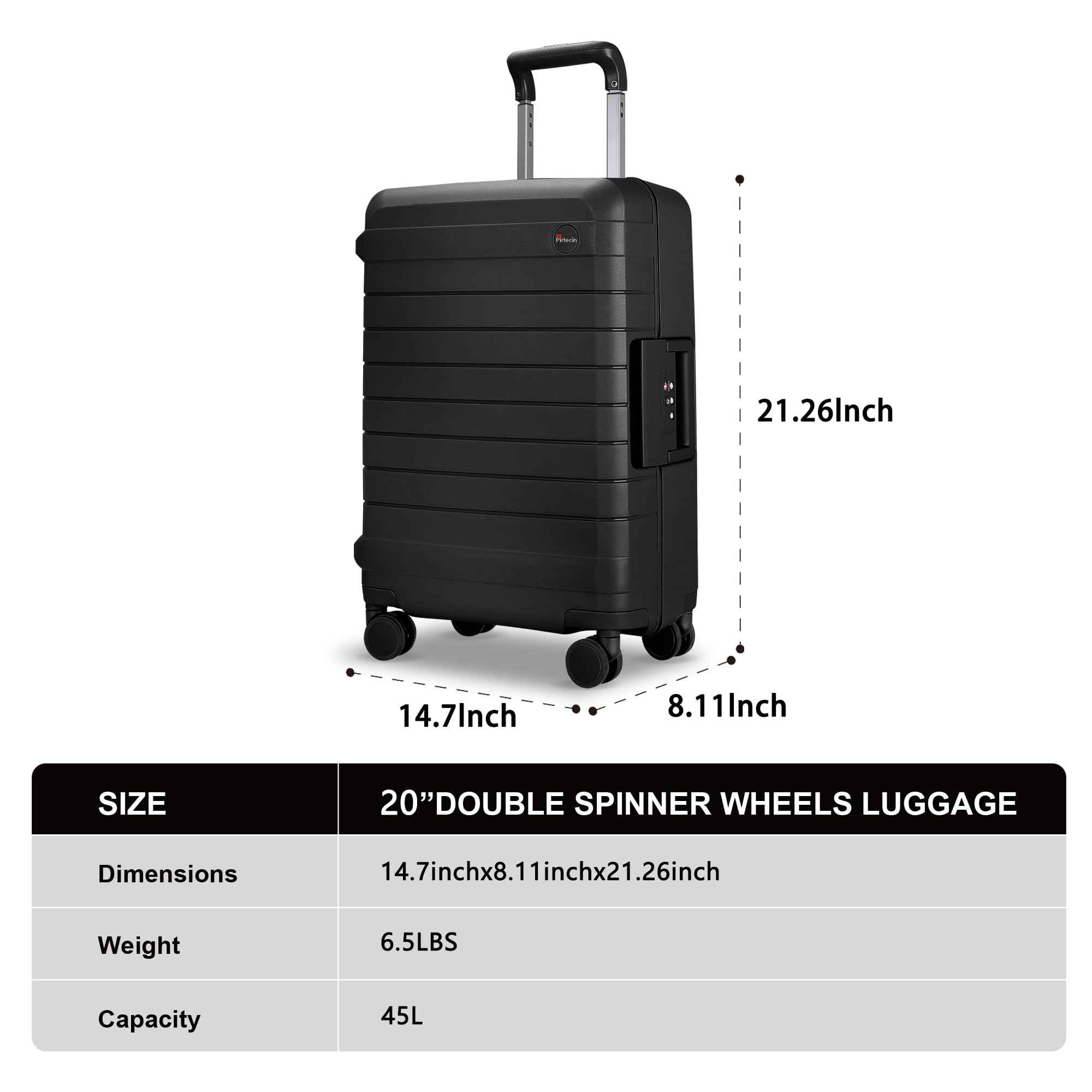Pirtecin Luggage Sets 2 Piece, 20/28 Inch Hardside Zipperless Durable Suitcases with Spinner Wheels & TSA Lock, Black