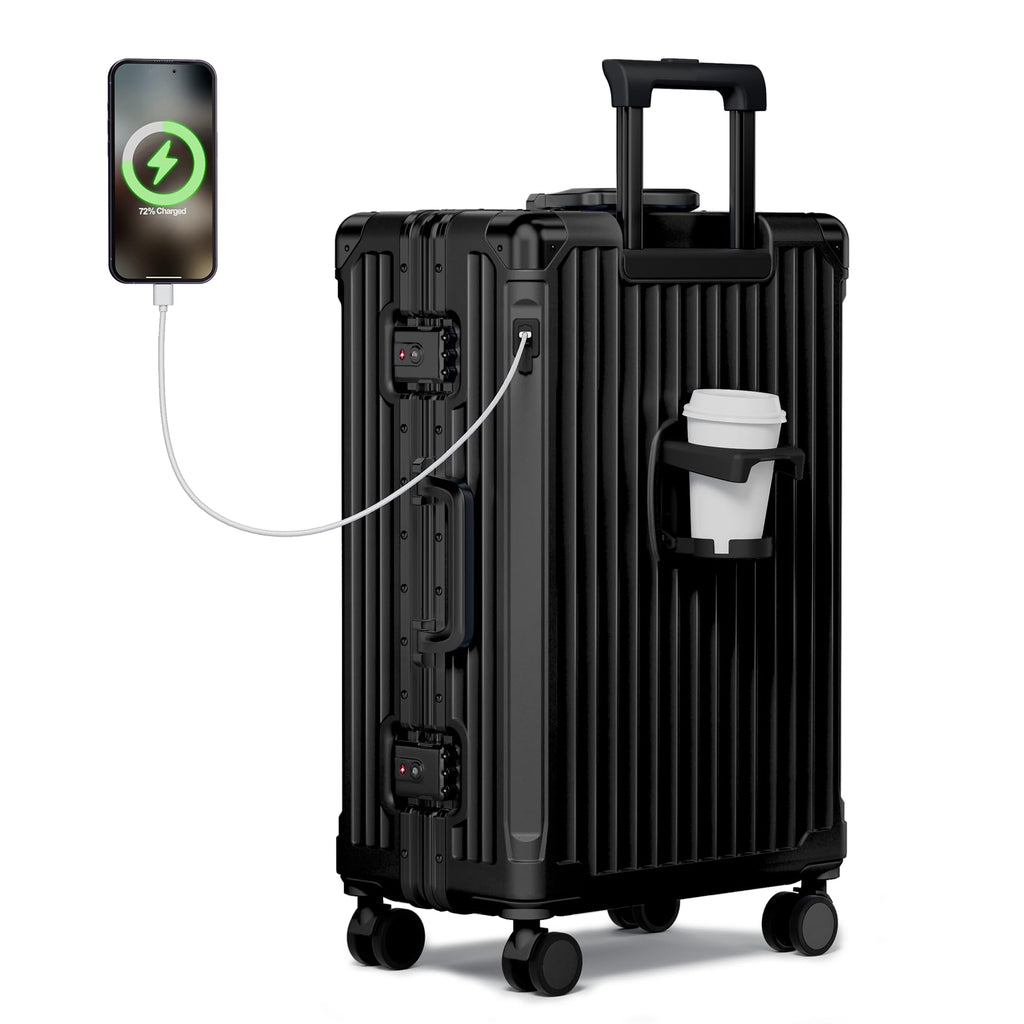 Krute No Zipper Carry On Luggage 20 Inch Suitcase with Wheels PC Aluminum Frame Zipperless Luggages with Cup Holder and Charger Hard Side TSA Approved Travel Suitcases