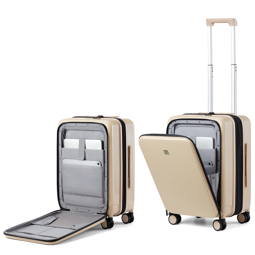 Hanke Grace Expandable Carry On Luggage with Wheels Airline Approved Hard Shell Suitcases with Front Pocket，Top Opening Luggage with TSA Lock for Short Business Travel, Cuban Sand.