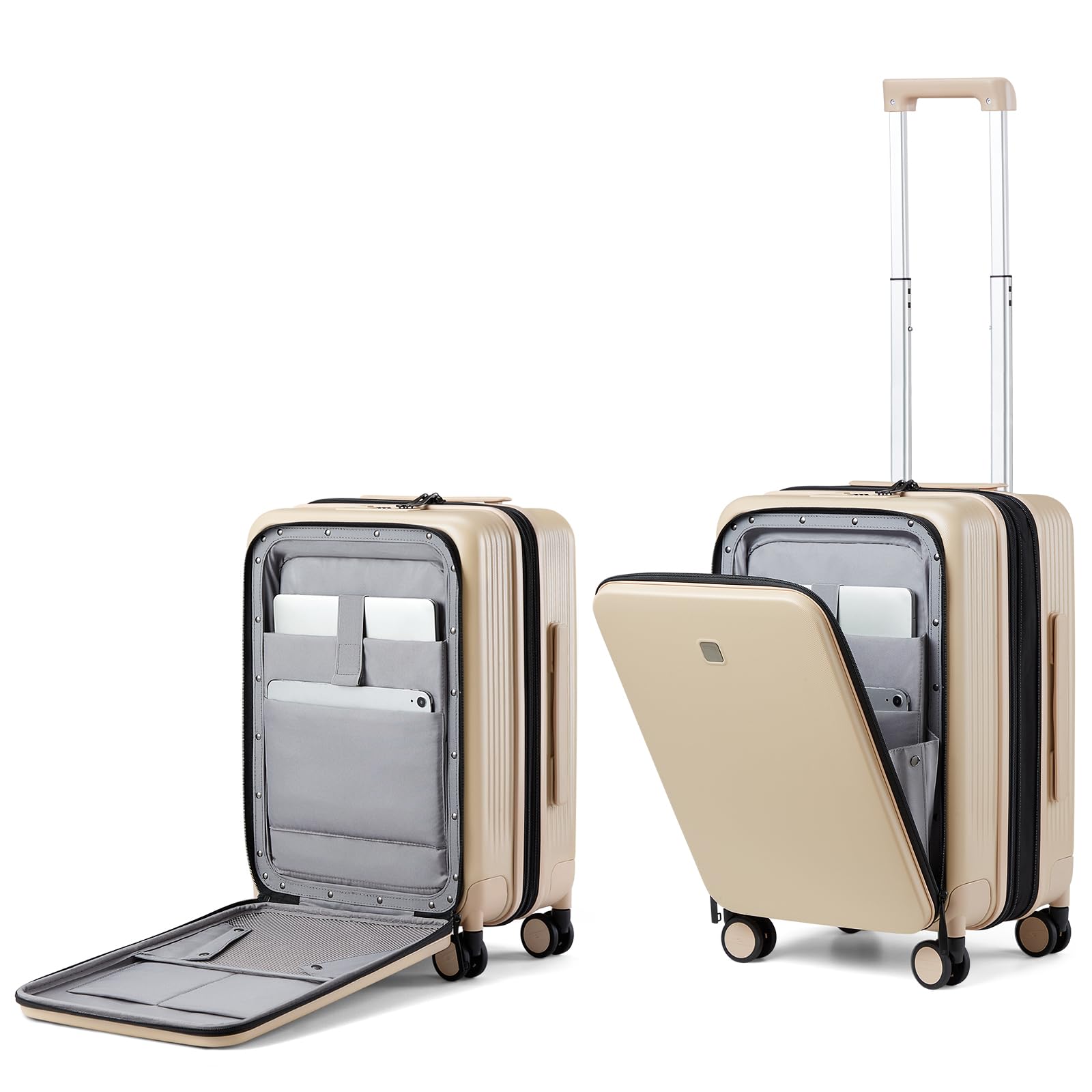 Hanke Grace Expandable Carry On Luggage with Wheels Airline Approved Hard Shell Suitcases with Front Pocket，Top Opening Luggage with TSA Lock for Short Business Travel, Cuban Sand.
