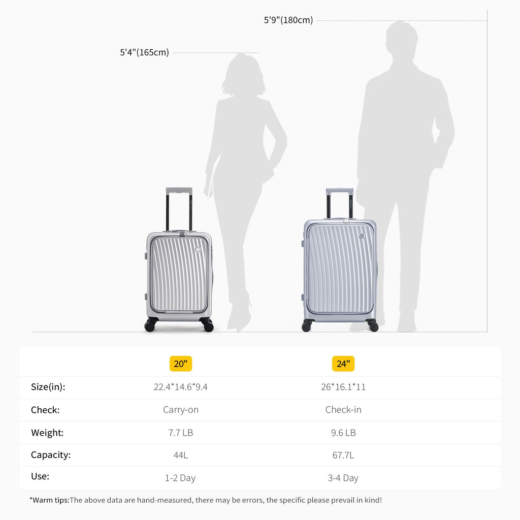 OIWAS 20 Inch Carry On Luggage, Front Pocket Carryon Suitcase with Phone Holder & Cup Holder, Airline Approved Hardshell Luggage with Double TSA Lock, USB Port, One-Click Brake, Silver