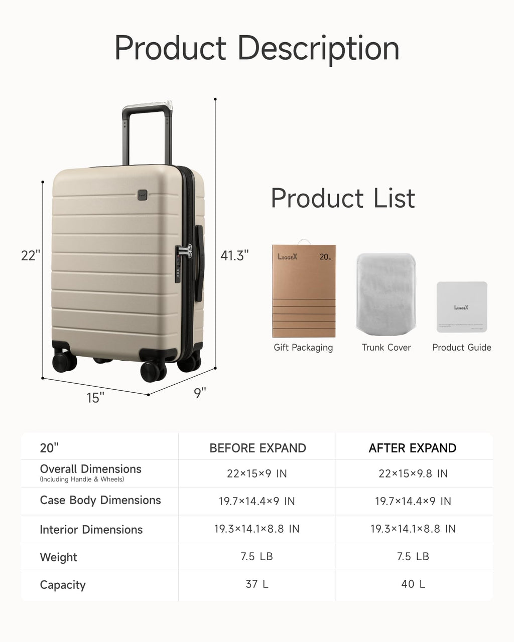 LUGGEX Carry On Luggage 22x14x9 Airline Approved,HUP3 Accelerate Access with DiHook, Handy Pouch, 20 inch Expandable Hard Shell Suitcases with Spinner Wheels (EX-Enhance,Sand Dune,20 Inch,37L-41L)